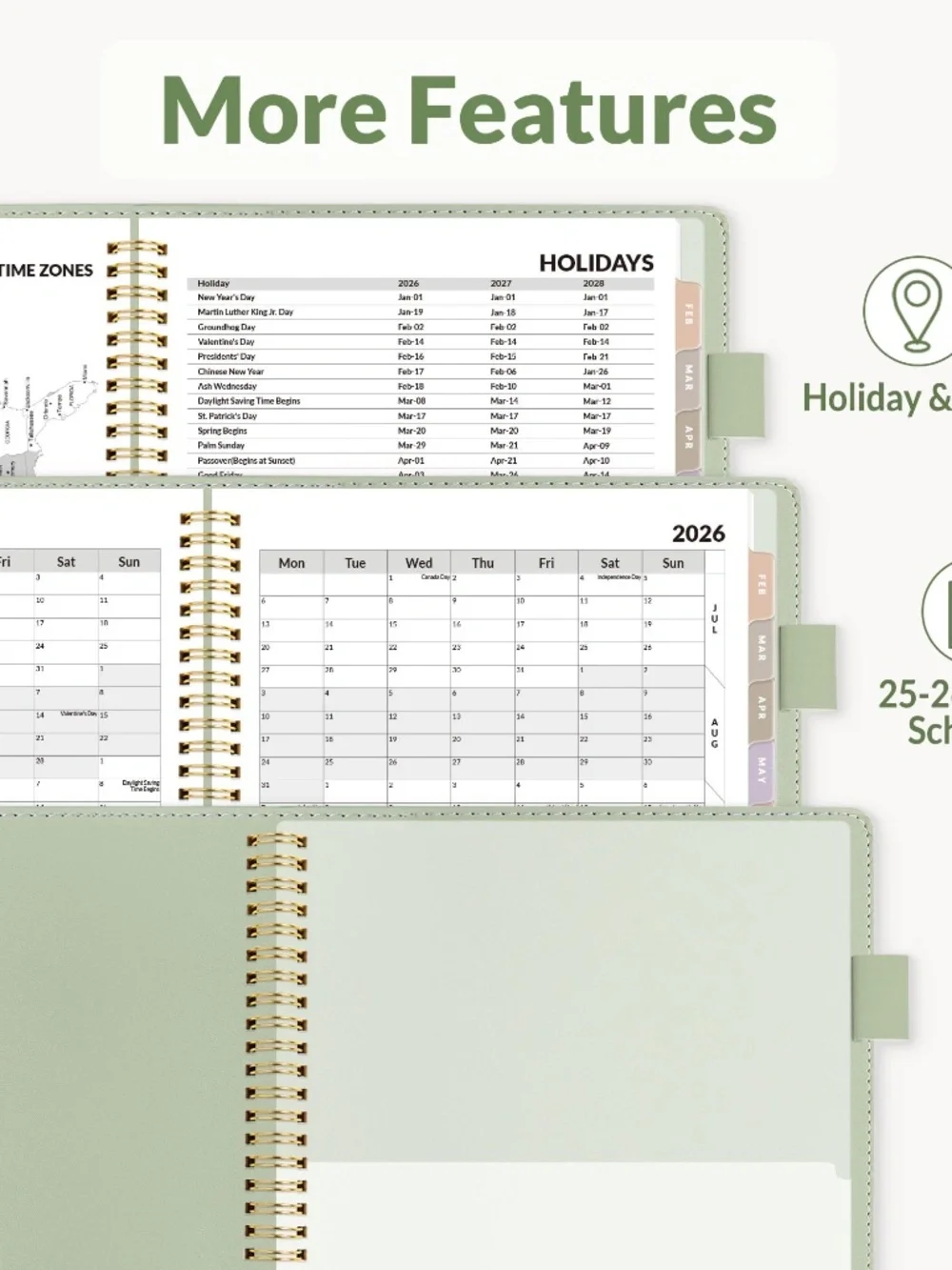 '26 Weekly/Monthly Cal/Planner, Vegan Leather, Bookmark, Tabs, Sage (ASIN-VDF5)